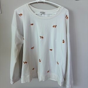 Talbots Women’s Large White Animal Print Fox Embroidered Crewneck pullover